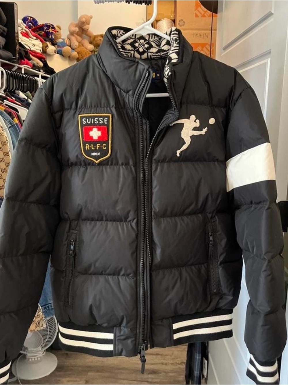 Ralph Lauren Black Puffer Jacket with White Sleeve Stripe & Crest